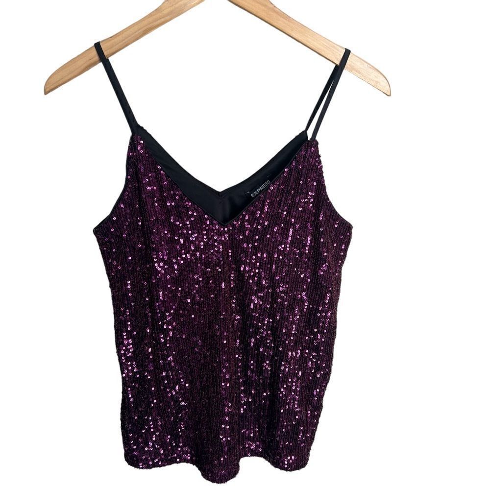 Express Y2K Sequined Tank Top size XS Purple V-Neck Cami Club Party Glam